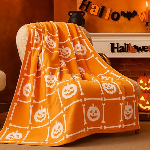 Halloween Throw Blanket for Couch, Reversible Pattern Pumpkin Skull Themed