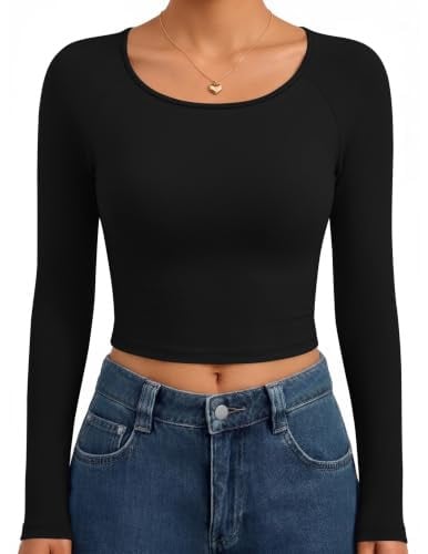 Ekouaer Women's Long Sleeve Scoop Neck Crop Top (Black or White) Deal