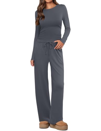 Ekouaer Women's 2 Piece Ruched Long Sleeve Top with Wide Leg Pants Set Deal