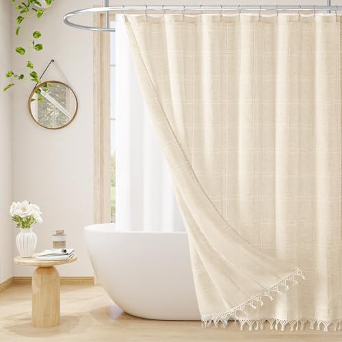 Linen Boho Farmhouse Shower Curtain Set with Tassels Deal