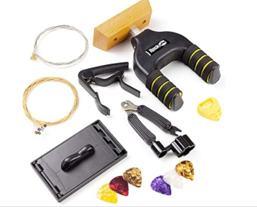 RockJam Guitar Accessory Kit with Hanger, Capo, String Winder, Fret Cleaner, Spare Strings, Picks