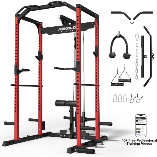 Mikolo Multi-Functional Squat Rack with LAT Pulldown System Exercise Power Cages, Metal Red