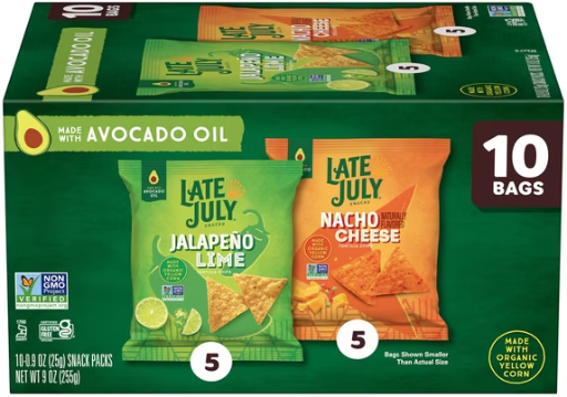 LATE JULY Snacks Variety Pack Tortilla Chips 0.9 oz 10 Count Snack Bags