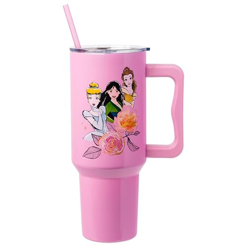 40 Oz. Silver Buffalo Disney Princess Stainless Steel Tumbler with Handle and Straw