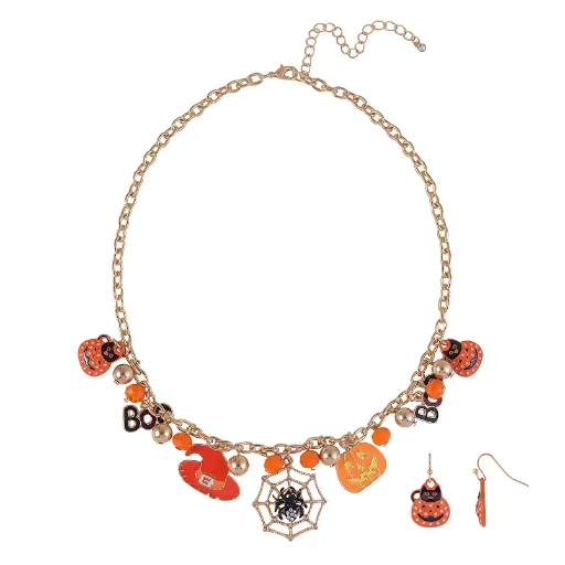 Gold Tone Halloween Charm Necklace & Drop Earring Set