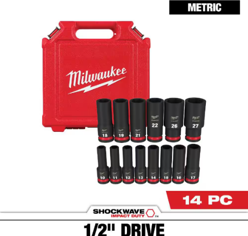 Milwaukee SHOCKWAVE 1/2 in. Drive Metric Deep Well 6 Point Impact Socket Set (14-Piece)