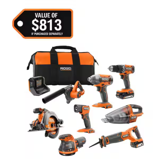 RIDGID 18V Cordless 8-Tool Combo Kit w/ 2.0 Ah Battery, 4.0 Ah Battery