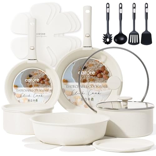 Carote 19-Piece Nonstick Induction Cookware Set w/ Detachable Handle (Cream White w/Glass Lids)