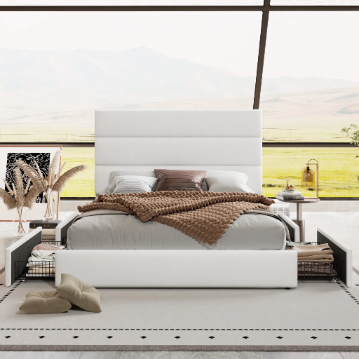 Mercer41 Platform Storage Bed w/ Wooden Slats & Velvet Upholstered Headboard (Queen, White) Deal