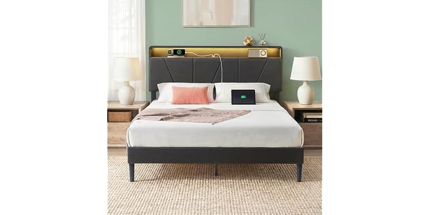Zinus Maya Queen Upholstered Platform Bed Frame w/ RGB LED Lights & Storage Headboard