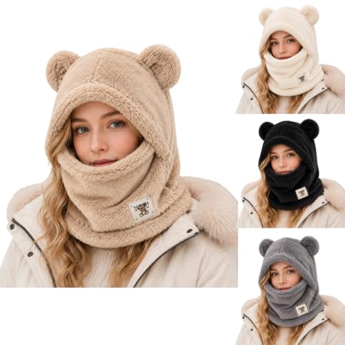3-in-1 Beanie Hat Scarf Bear Beanie