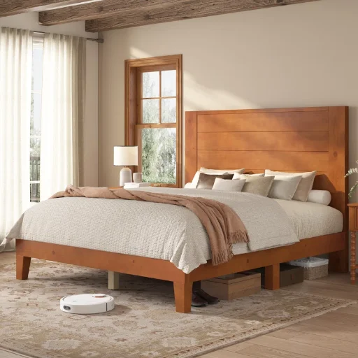 Union Rustic Bilal Solid Wood Platform Bed Frame w/ 47.2'' Headboard (Queen; Brown) Deal