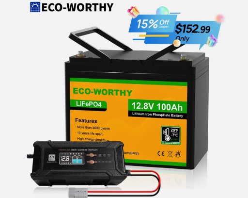 ECO-WORTHY 12V 100AH 1280Wh LiFePO4 Lithium Battery with 12V 20A Charger