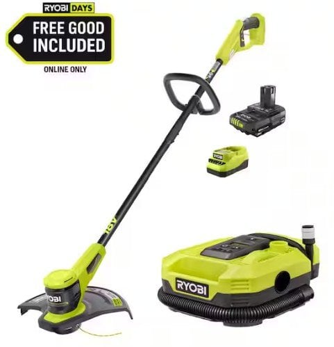 RYOBI ONE+ 18V 13 in. Cordless Battery String Trimmer with 2.0 Ah Battery and FREE Dual Function Inflator/Deflator Deal