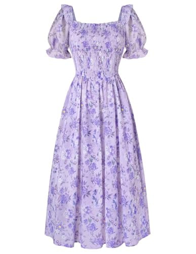 Scarlet Darkness Women's Floral Square Neck Puff Sleeve A-Line Dress Deal