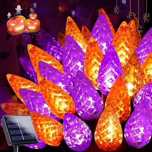 100 LED C6 Solar Halloween Lights Outdoor 33FT String Lights Orange Purple