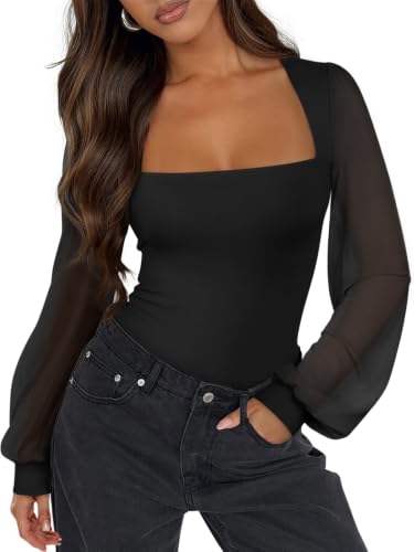 PINKMSTYLE Square Neck Double Lined Mesh Bodysuits Tops Deal