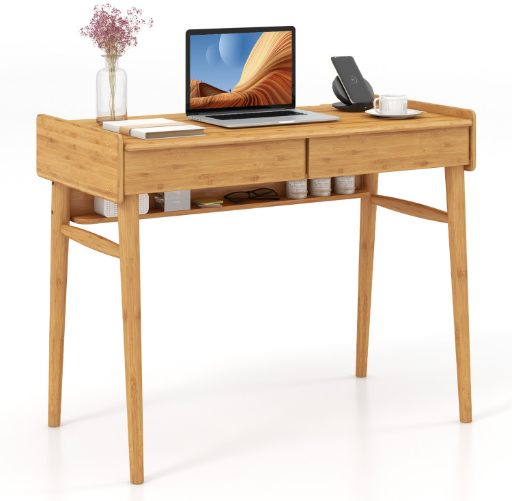 Costway Bamboo Writing Desk with 2 Storage Drawers and Open Shelf
