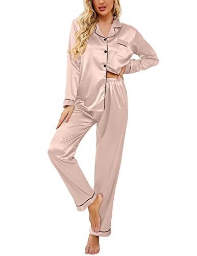 Women's Classic Button Down Long Satin Silk Pajama Set