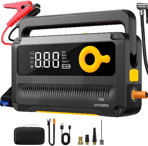6000A 26800mAh Jump Starter w/ 150PSI Air Compressor & LED Light