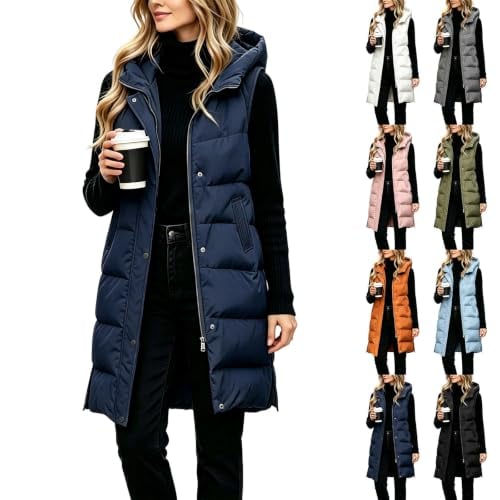 Womens Long Puffer Vest Stand Collar Quilted Hoodies Deal