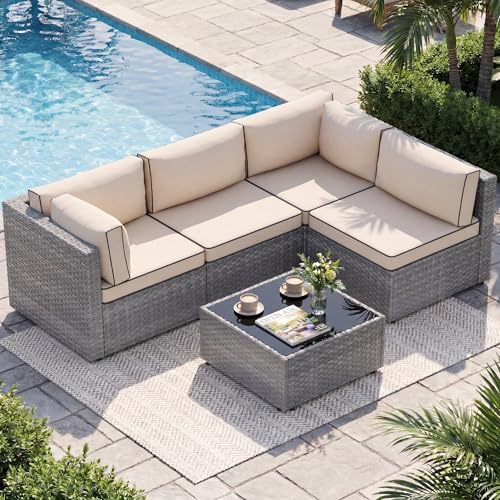 Shintenchi 5 Piece Outdoor Patio Furniture Set with Silver PE Rattan, Khaki Deal