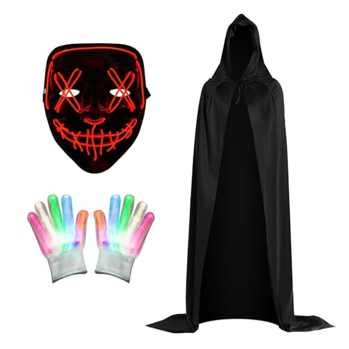 LED Mask & Skeleton Gloves & 71 inch Hooded Cloak Costume Set