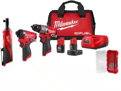 Milwaukee M12 FUEL 12V Hammer Drill/Impact Driver + M12 12V Cordless 3/8 in. Ratchet + 7-Pc Carbide Bit Combo Kit Deal