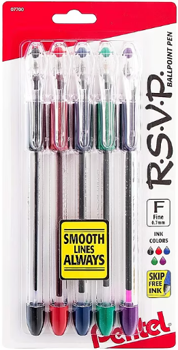 Pentel R.S.V.P. Ballpoint Pens, Fine Point, Assorted Ink, 5 Pack