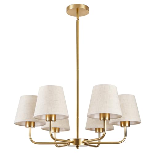 Farmhouse Chandelier, 6-Light Gold Chandelier with beige Fabric Shades