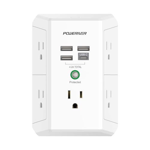 POWERIVER Outlet Extender w/ 1680J Surge, 5x AC, 3x USB-A, 1x USB-C
