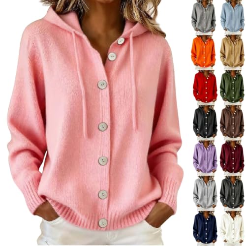 Hooded Cardigan Sweaters for Women Button Up Pullover Cute Knit Hoodies Deal