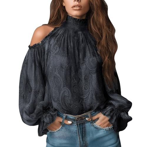 High Mock Neck Cold Shoulder Blouse Paisley 