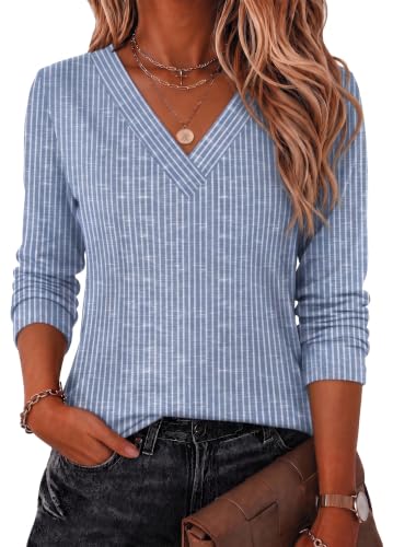Zeagoo Women's Long Sleeve Blue Striped Shirts Blouses Casual Tops Deal