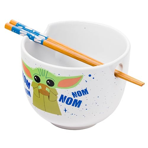 Silver Buffalo Star Wars Mandalorian Baby Yoda Grogu Nom Nom Ceramic Ramen Noodle Rice Bowl with Chopsticks