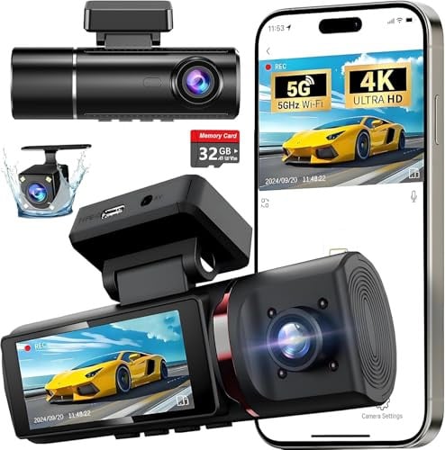 3 Channel 4K+1080P Dash Camera with 3.16 IPS Screen & 64GB Card