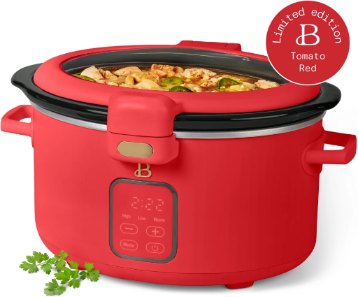 Beautiful 4 Qt Digital Slow Cooker with Hinged Locking Lid, Tomato Red by Drew Barrymore
