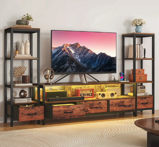 Yitahome Mid-Century Modern 59" LED TV Stand with 4-Tier Bookshelves