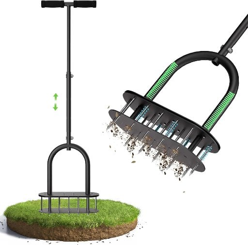 seasky Manual Lawn Aerator Tool with Padded T-Handle, Wide Foot Plate & 15-3 Inch Solid Steel Spikes Deal