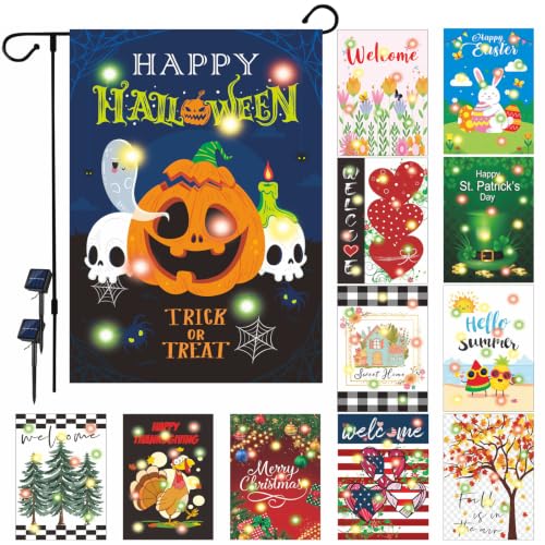 12 Pcs Double Sided Solar LED Seasonal Garden Flags Deal