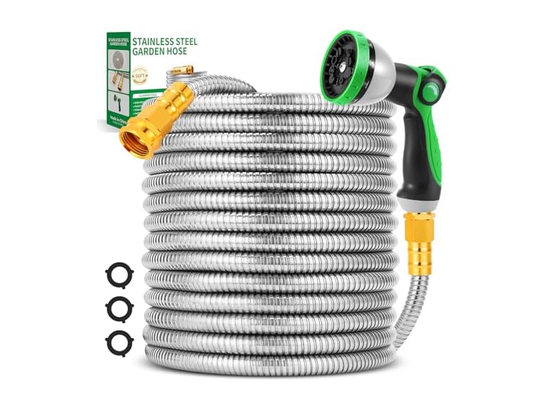 Garden Hose 50FT, Stainless Steel Metal Water Hose with 10-Function Nozzle Deal