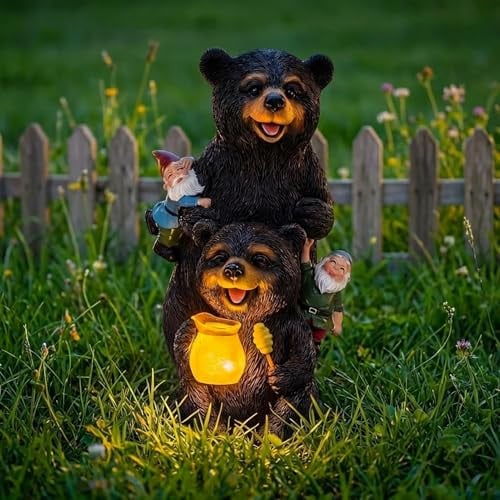 PETAFLOP Solar Garden Statues Bear Decor with Glowing Honey Jar and Gnomes Deal