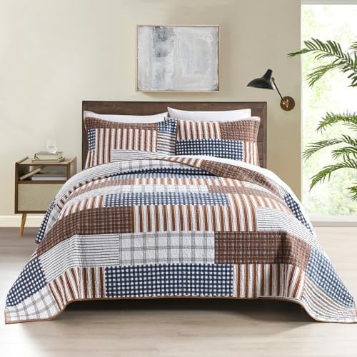 WINLIFE Cotton Plaid Quilt Set 3 Pieces Queen Size Patchwork Stripes Bedspread with 2 Shams, 90''x98'' Deal