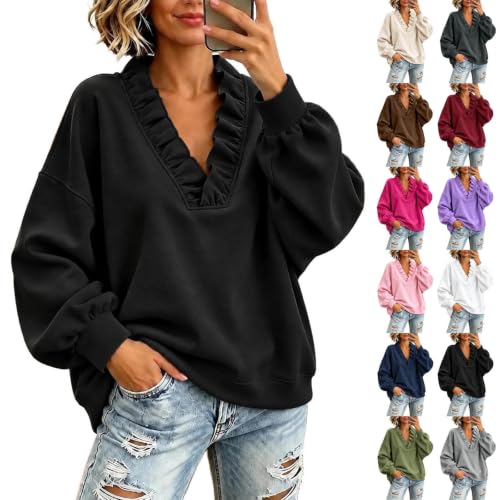 Women's Oversized Ruffle V-Neck Long Sleeve Fall Sweatshirt