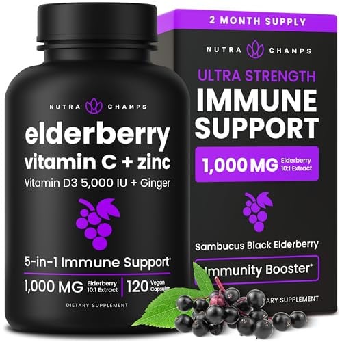 Elderberry Capsules 1000mg with Zinc, Vitamin C, and Vitamin D3 5000 IU