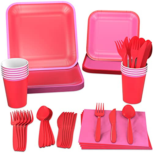 Crayola Color Pop Red and Pink Party Supplies 12 Dinner Plates, 12 Dessert Plates, 12 Paper Cups, 24 Napkins, 12 Sets of Plastic Cutlery