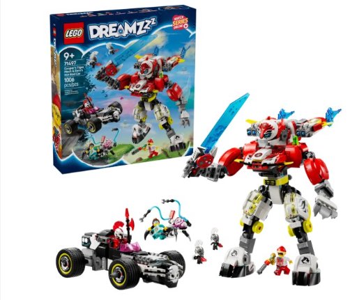 1006-Piece LEGO DREAMZzz Cooper's Tiger Mech & Zero's Hot Rod Car