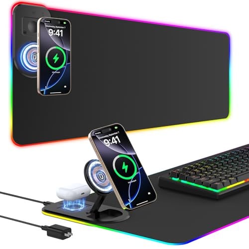 Wireless Charging RGB Gaming Mouse Pad W/Foldable Phone Stand