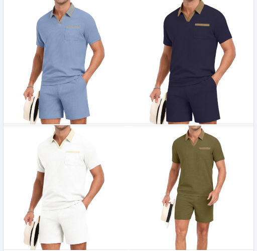 Waffle Knit Polo Shirt and Shorts Sets- 2 Pieces