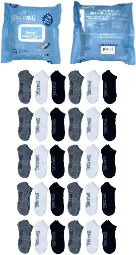 Spalding Kids' Bundle Brick No-Show Socks 30-Pack (Gray/White/Black, Size 4-10) Deal